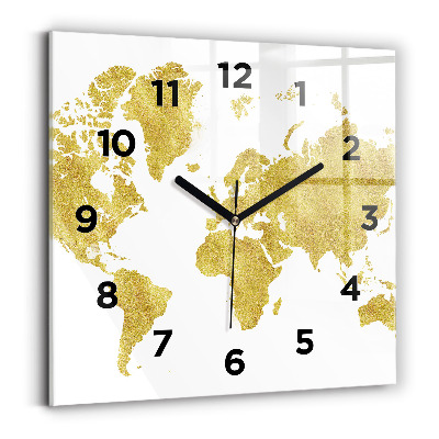 Horloge carrée en verre Carte du monde en or