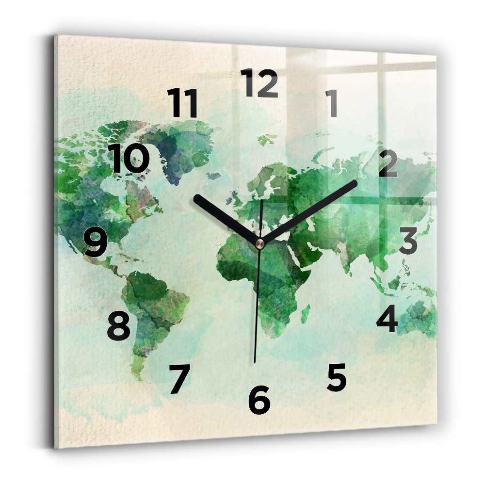 Horloge carrée en verre Aquarelle carte du monde