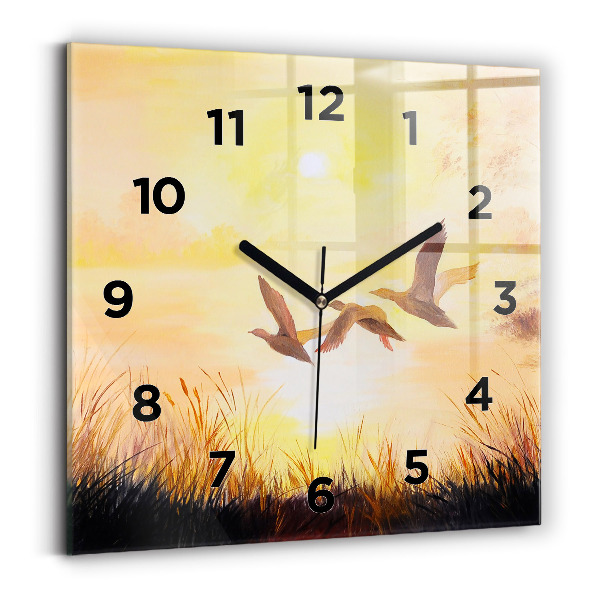 Horloge murale carrée Grues au coucher du soleil