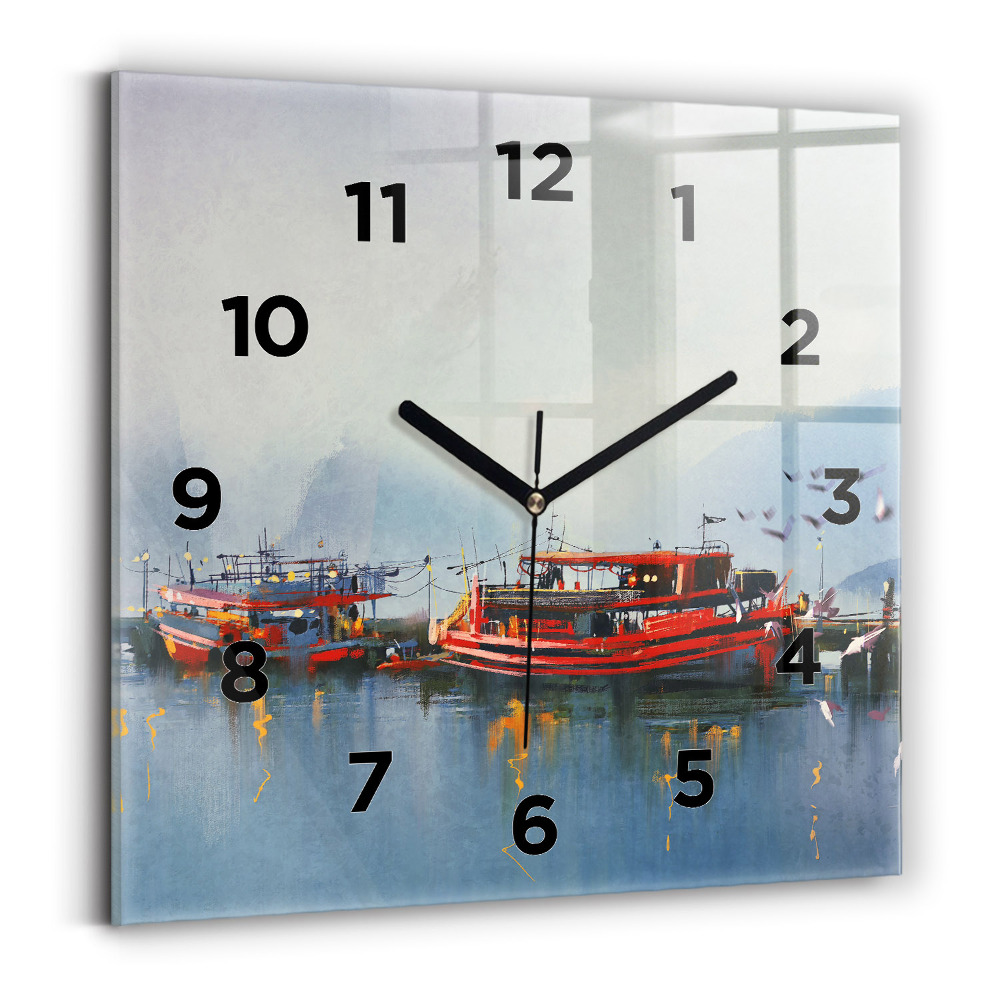 Horloge murale carrée Bateau de pêche dans le port