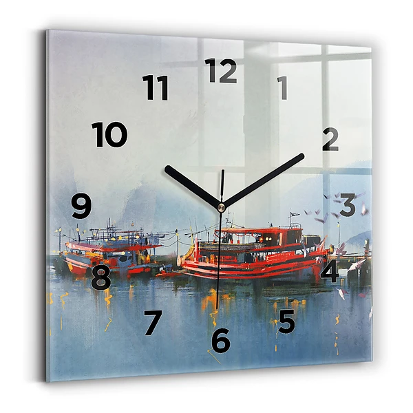 Horloge murale carrée Bateau de pêche dans le port