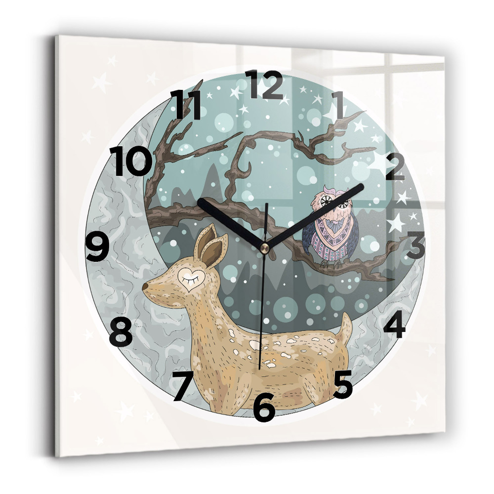 Pendule carrée en verre Animaux nocturnes et lune