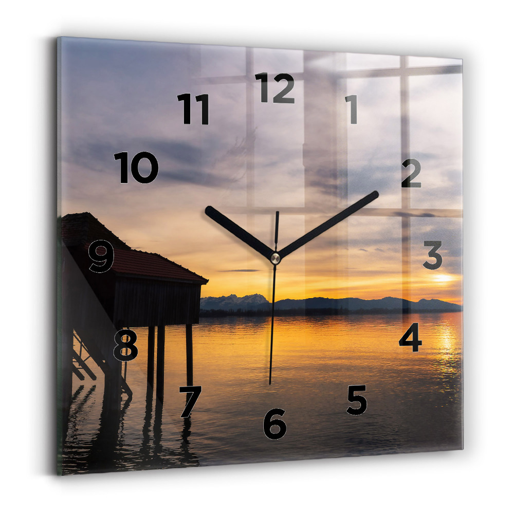Pendule carrée en verre Coucher de soleil sur un lac