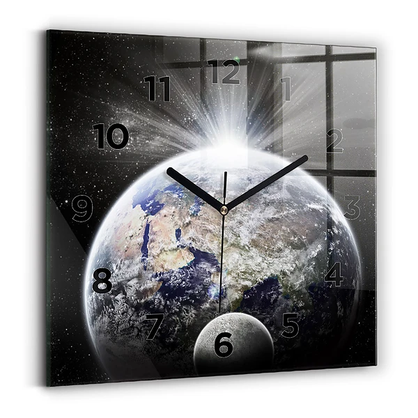 Horloge carrée en verre Terre Lune Soleil