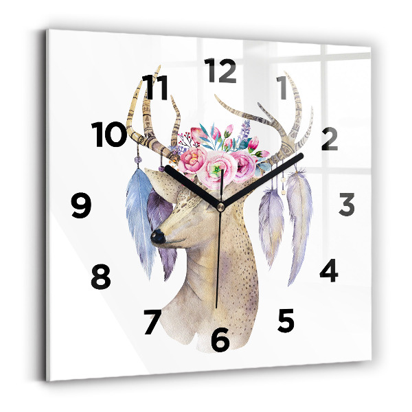 Pendule carrée en verre Tête de cerf et fleurs