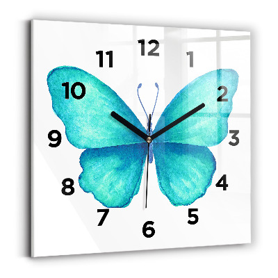 Horloge carrée en verre Papillon d'été turquoise