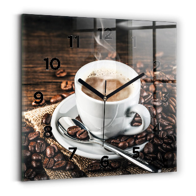 Horloge carrée en verre Tasse et grains de café