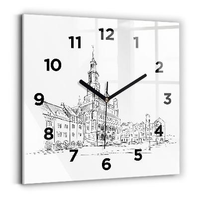Horloge murale carrée Croquis de la vieille ville de Poznań