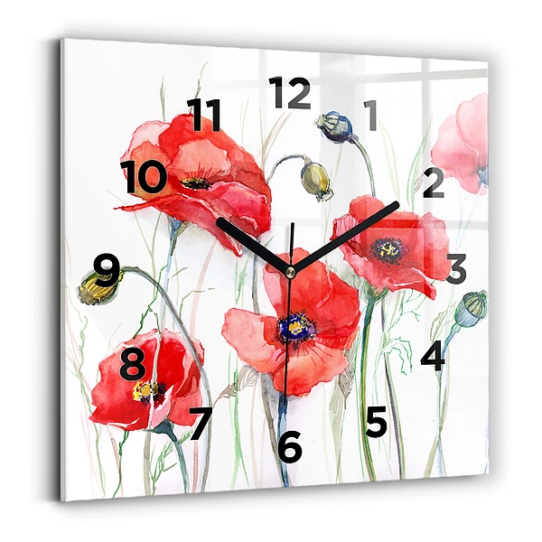 Pendule carrée en verre Coquelicots rouges peints