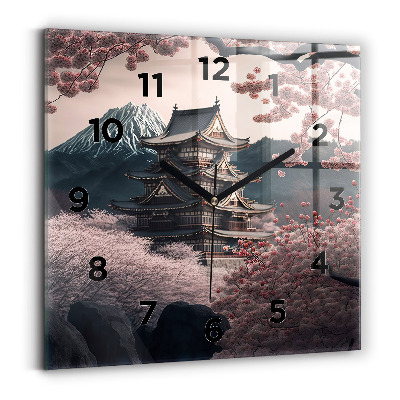Horloge carrée en verre Tour et fleurs en Asie