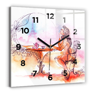 Horloge carrée en verre Femme buvant du thé