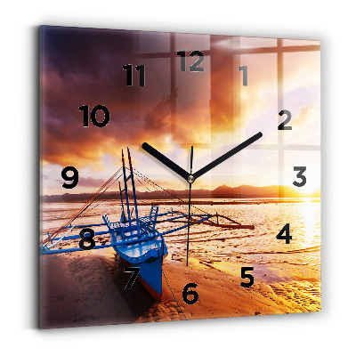 Pendule carrée en verre Bateau et coucher de soleil