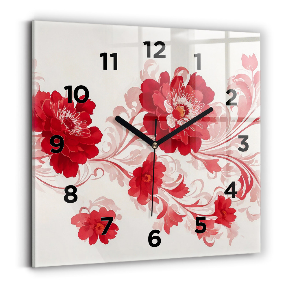 Horloge carrée en verre Fleurs rouges