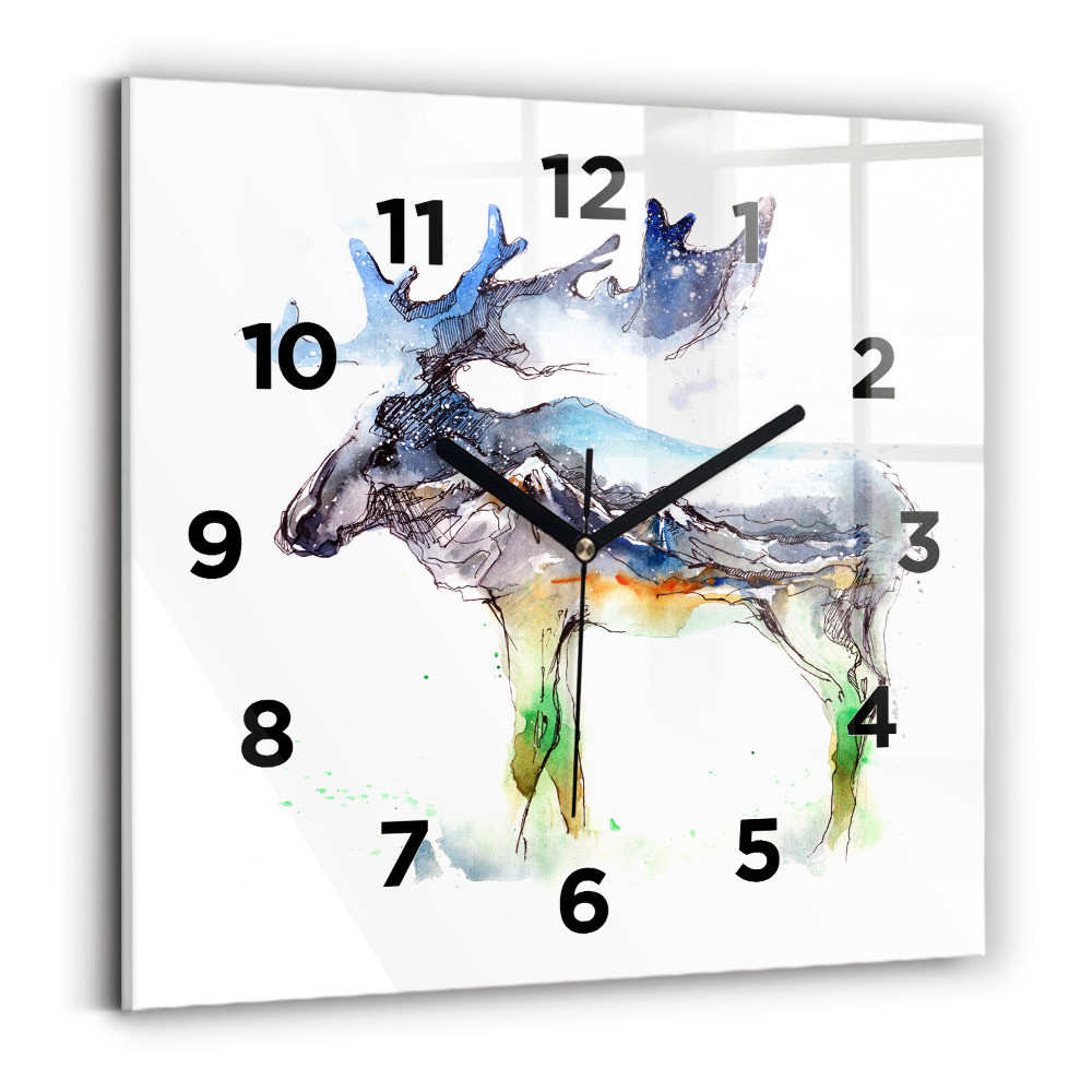 Horloge murale carrée Orignal et paysage de montagne