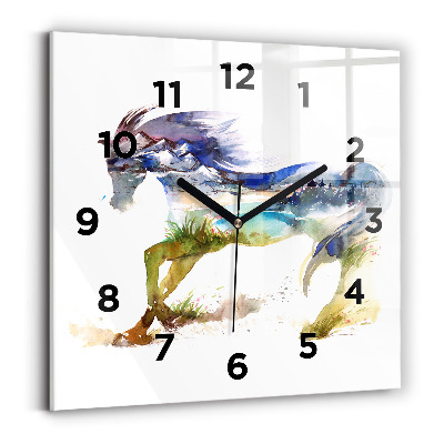 Horloge carrée en verre Montagne peinte et cheval