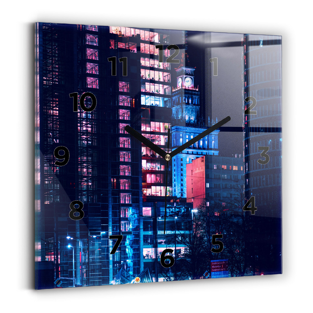 Horloge carrée en verre Varsovie la nuit