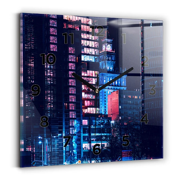Horloge carrée en verre Varsovie la nuit