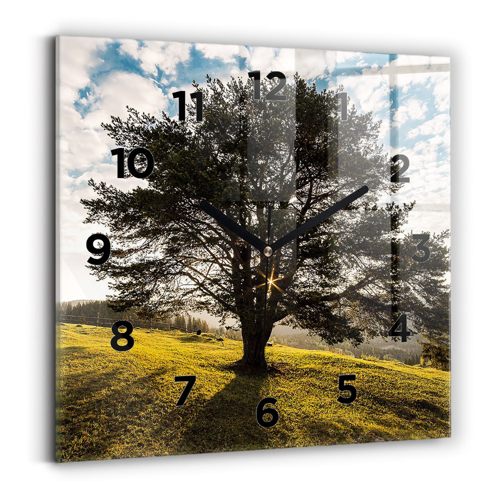 Horloge carrée en verre Arbre sur une colline