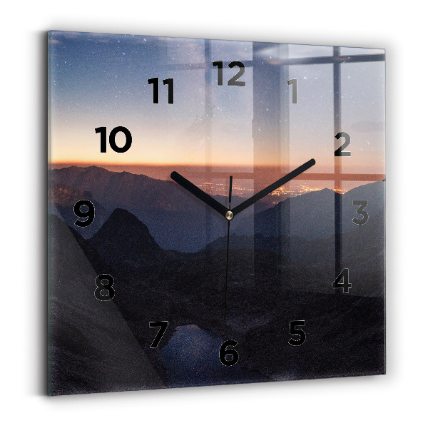 Horloge carrée en verre Montagnes au coucher du soleil