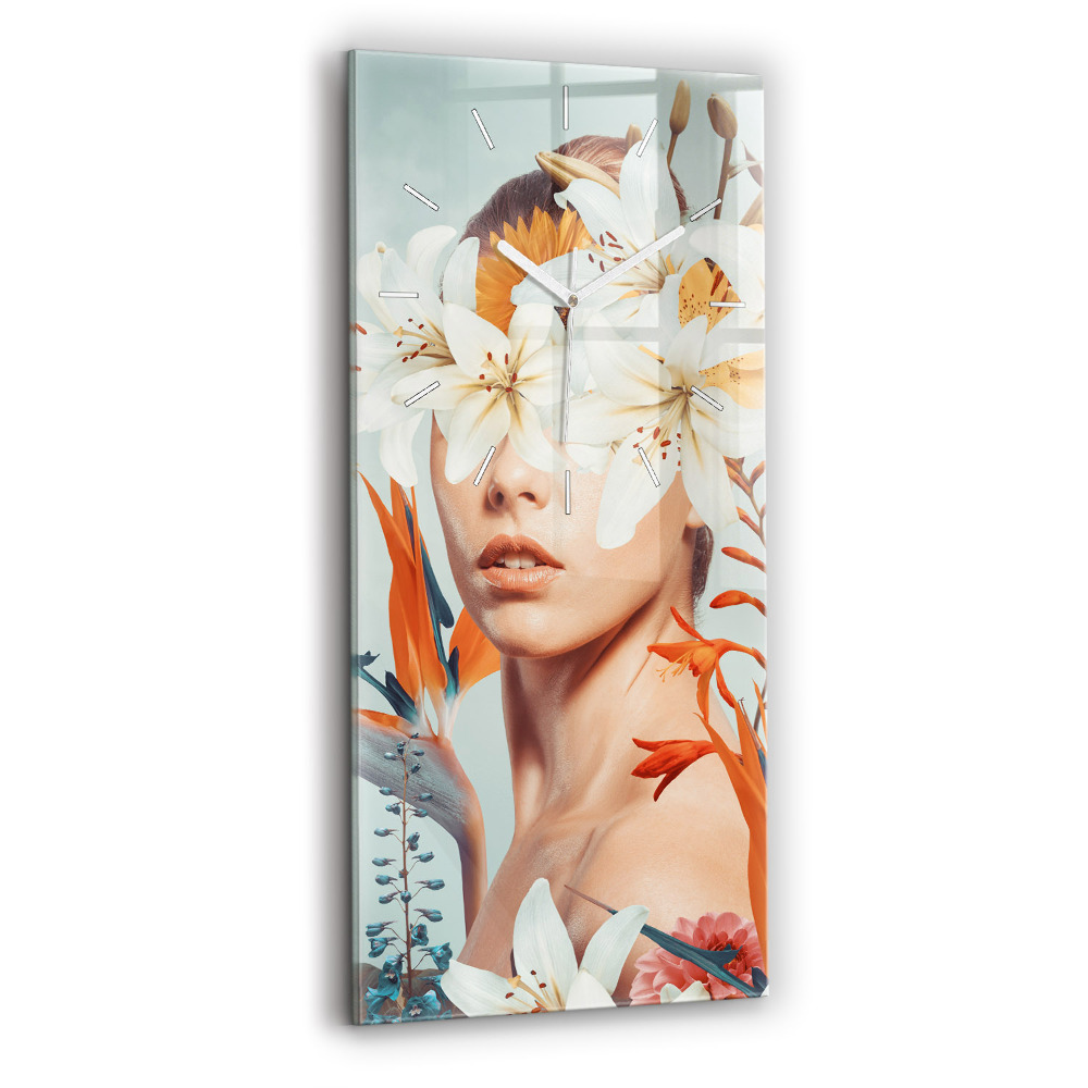 Horloge rectangulaire verticale Femme avec des fleurs