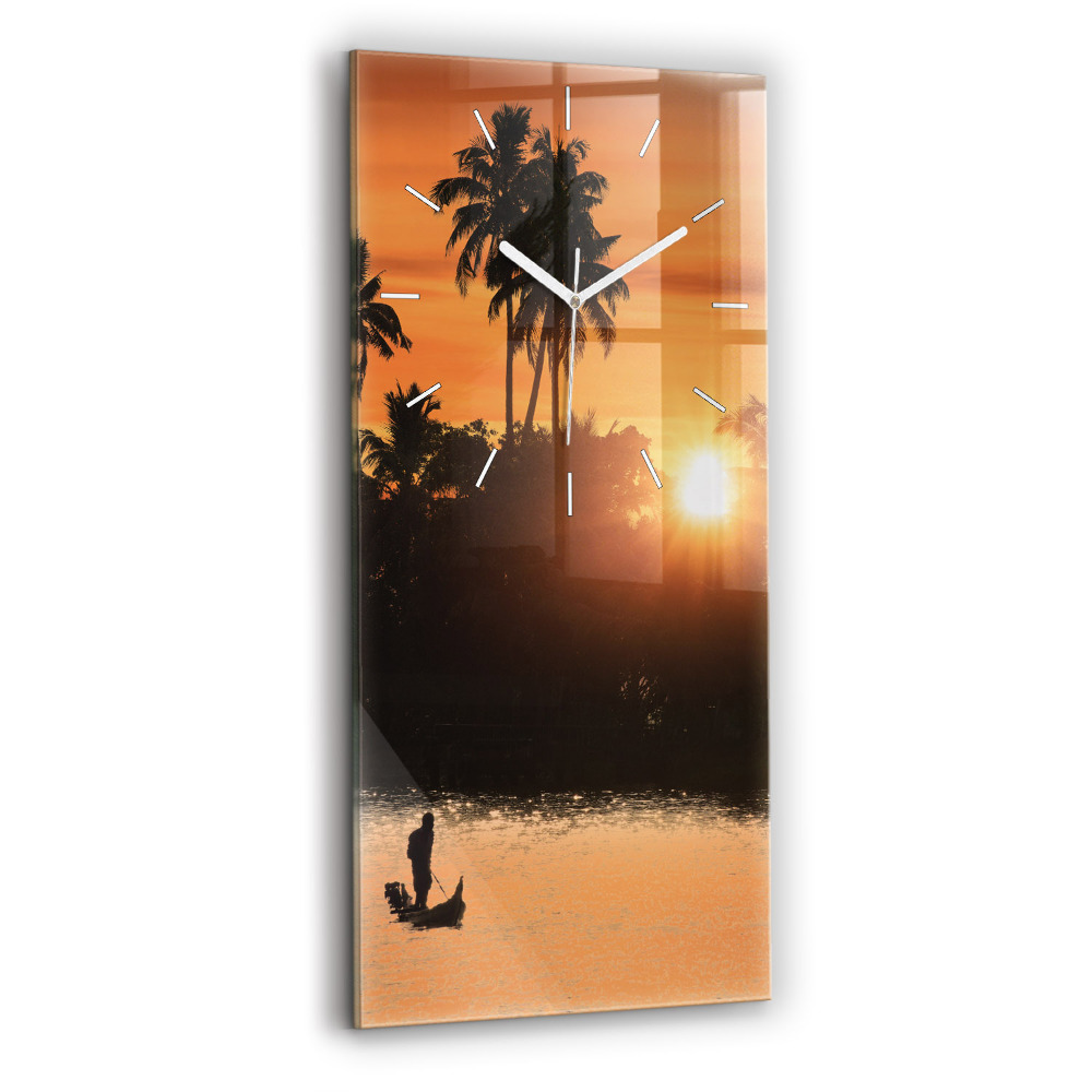 Horloge verticale en verre Coucher de soleil et palmiers