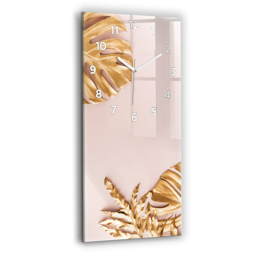 Horloge murale en verre rectangulaire Feuilles tropicales dorées