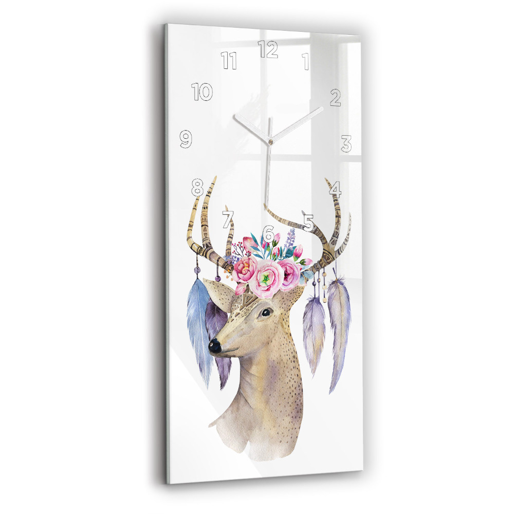 Horloge verticale en verre Tête de cerf et fleurs