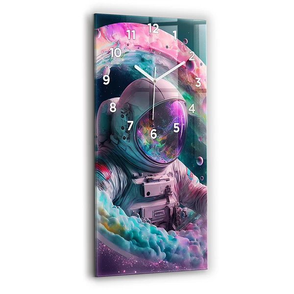 Horloge verticale en verre Cosmonaute et nuages colorés