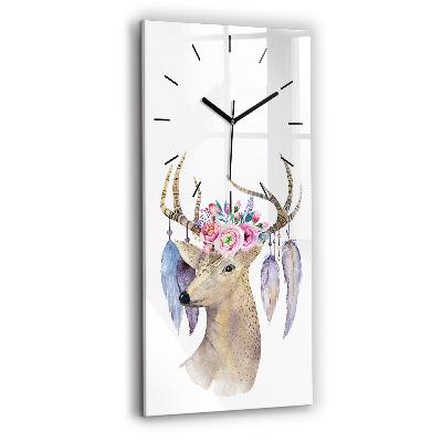 Horloge verticale en verre Tête de cerf et fleurs