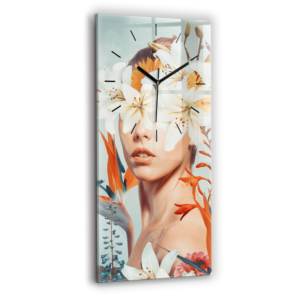 Horloge rectangulaire verticale Femme avec des fleurs