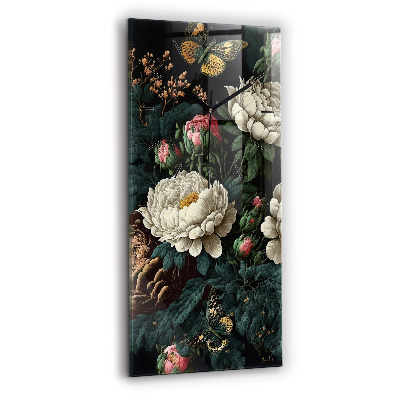 Horloge murale en verre rectangulaire Fleur et papillons dorés