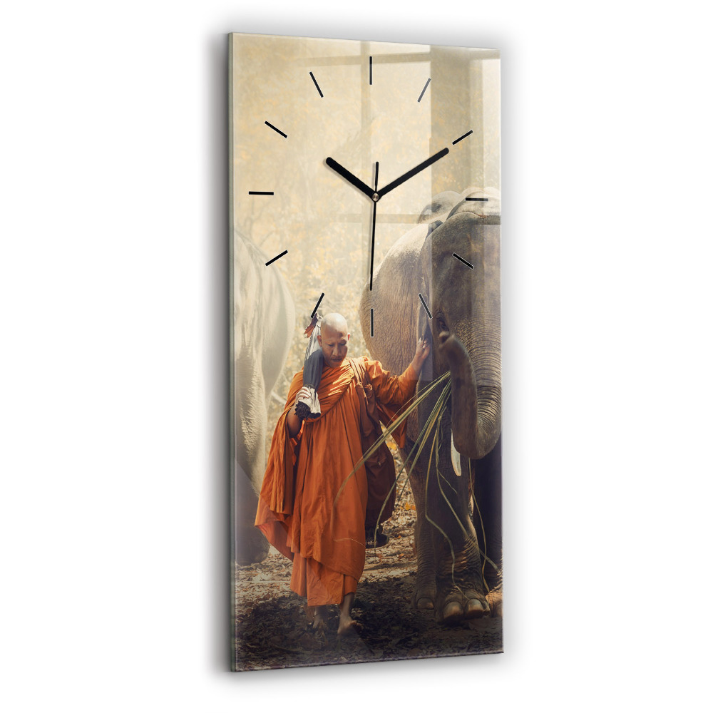 Horloge verticale en verre Moine guidant des éléphants