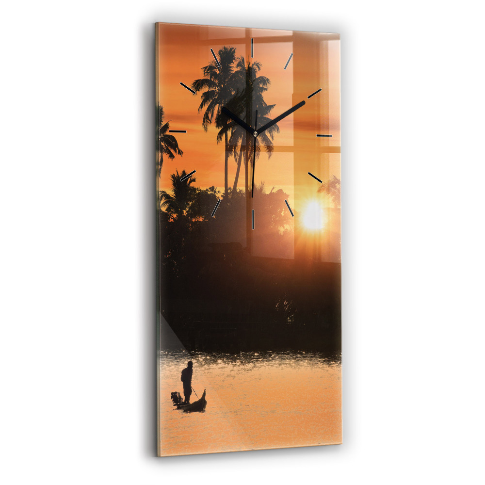 Horloge verticale en verre Coucher de soleil et palmiers