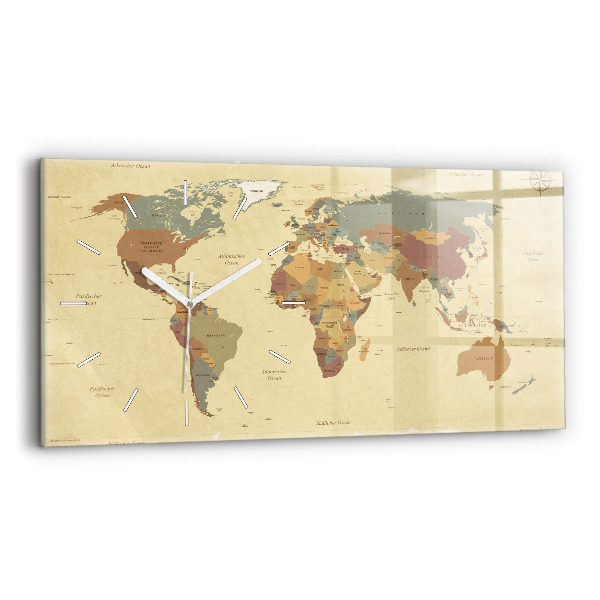 Horloge murale horizontale Carte du monde style vintage