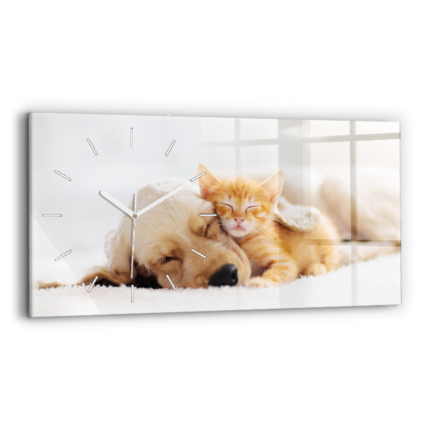 Horloge rectangulaire horizontale Chat et chien endormis