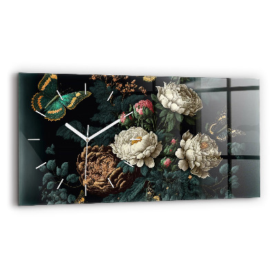 Horloge murale horizontale Fleur et papillons dorés