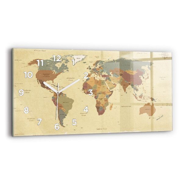 Horloge murale horizontale Carte du monde style vintage