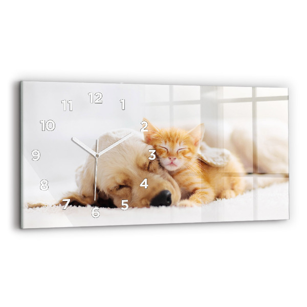 Horloge rectangulaire horizontale Chat et chien endormis