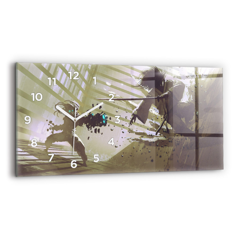 Horloge murale horizontale Combat entre un robot et un samouraï