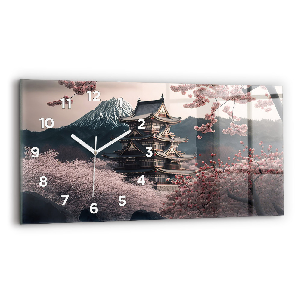 Horloge horizontale en verre Tour asiatique Fleurs de cerisier
