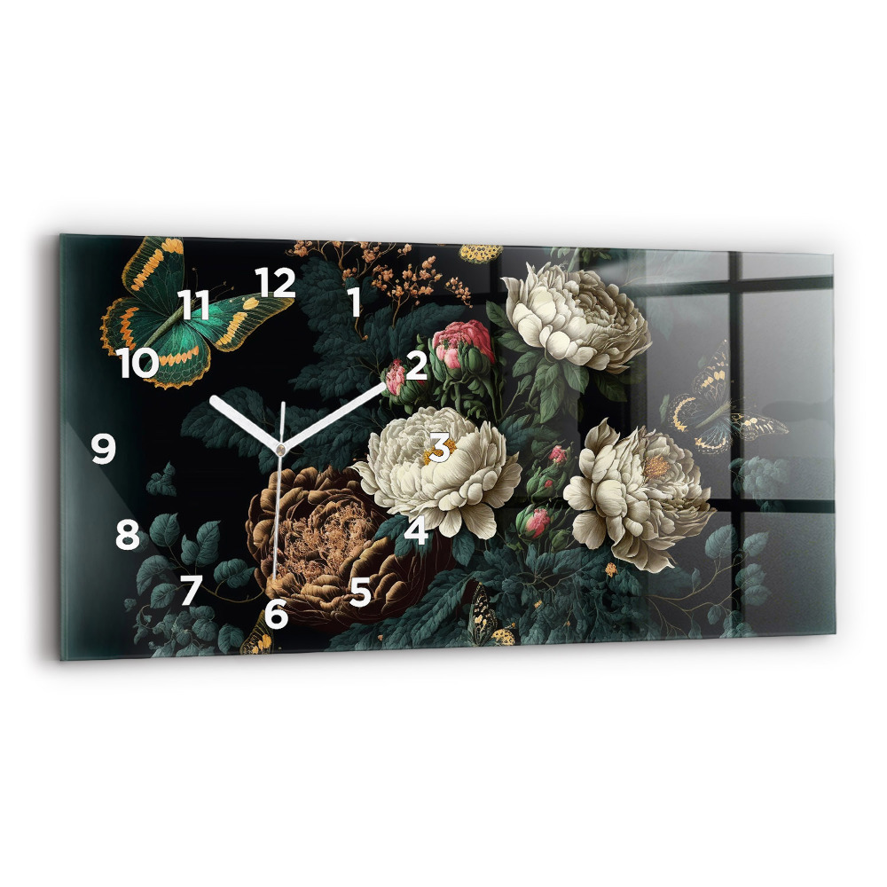 Horloge murale horizontale Fleur et papillons dorés