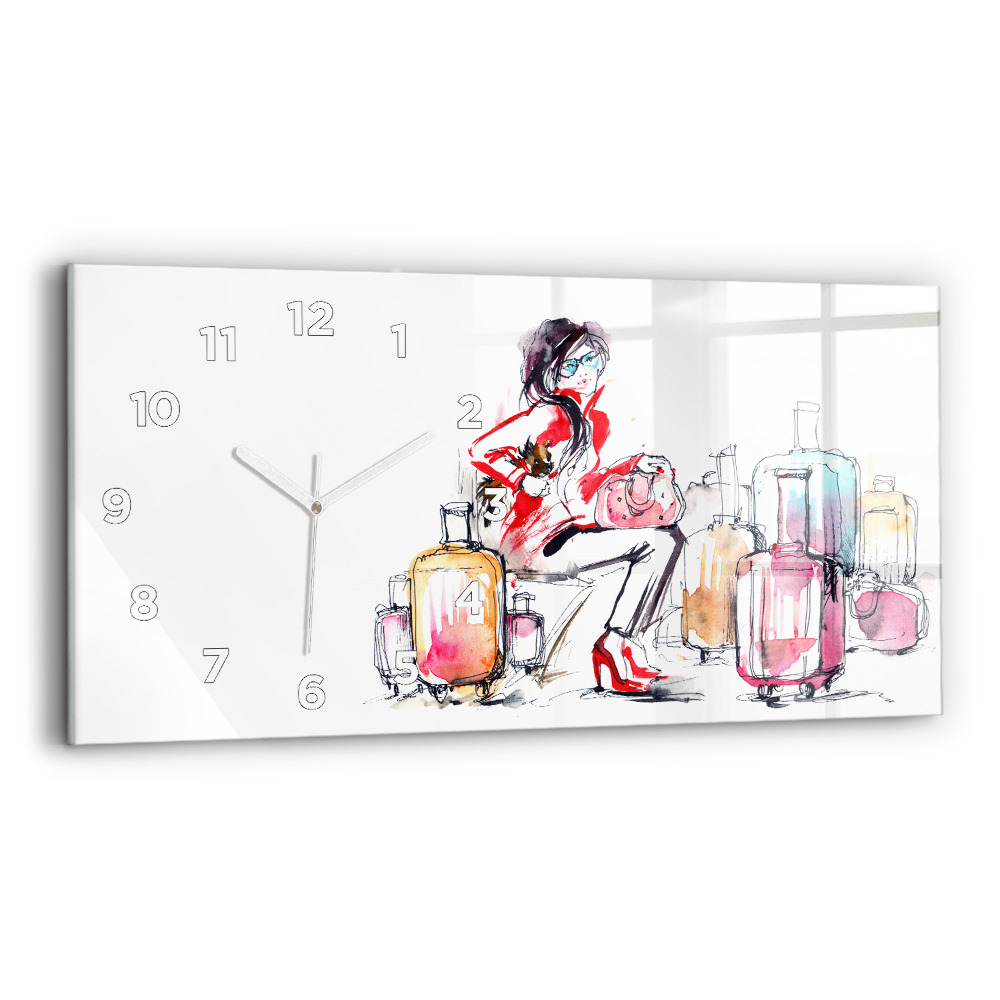 Horloge murale horizontale Femme voyageant avec sa valise