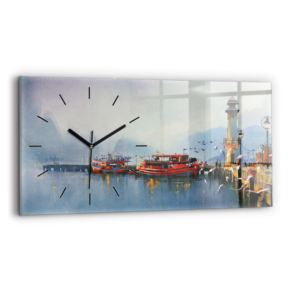 Horloge horizontale en verre Bateau de pêche dans le port