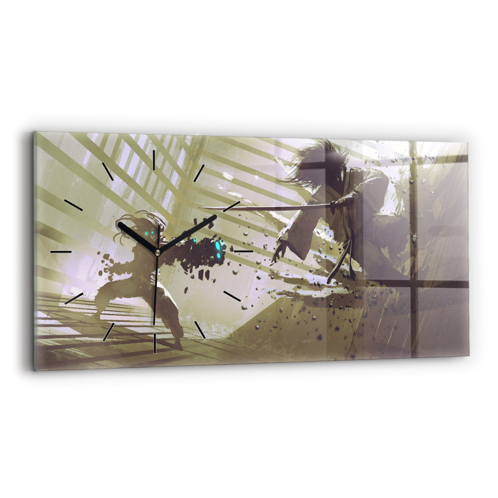 Horloge murale horizontale Combat entre un robot et un samouraï