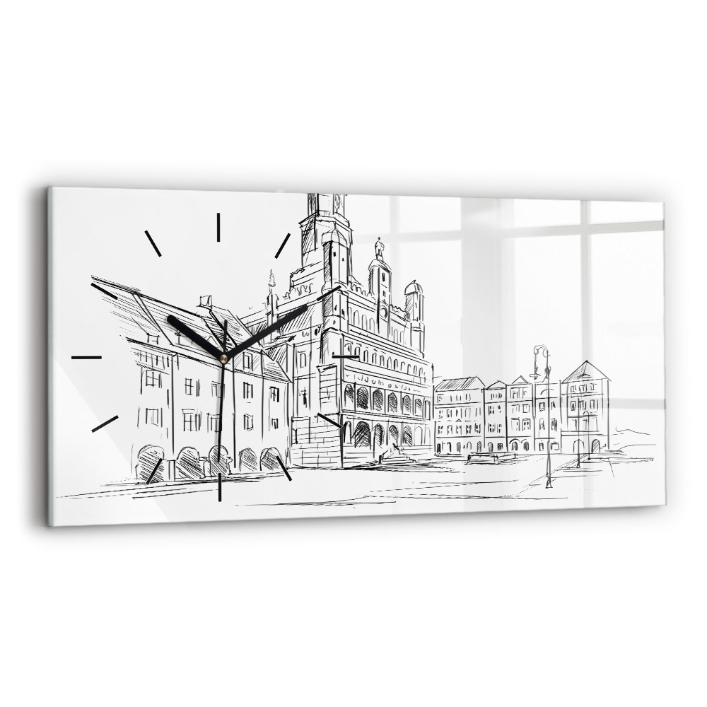 Horloge horizontale en verre Croquis de la vieille ville de Poznan