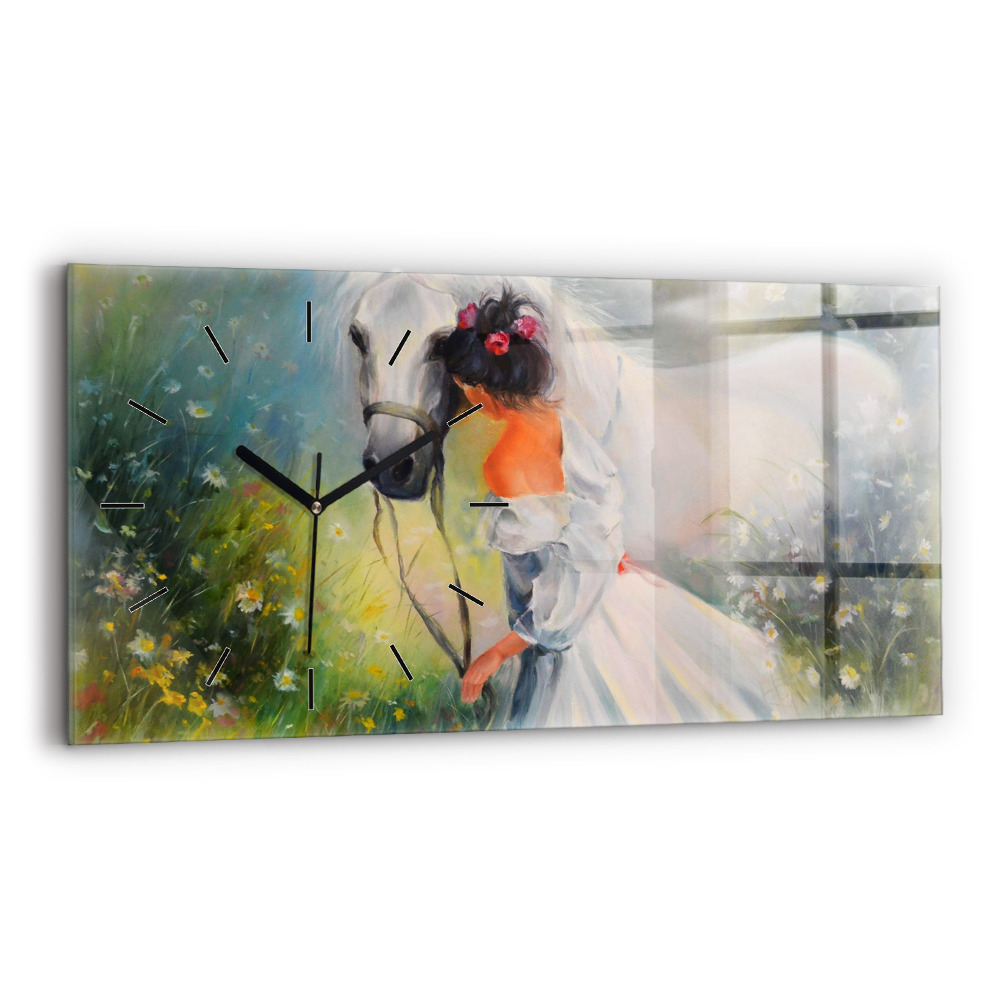 Horloge murale horizontale Belle femme avec un cheval