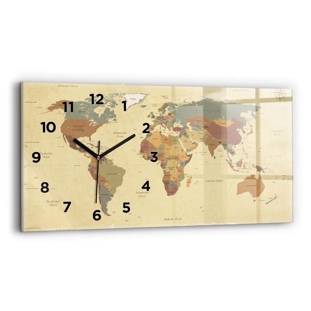Horloge murale horizontale Carte du monde style vintage