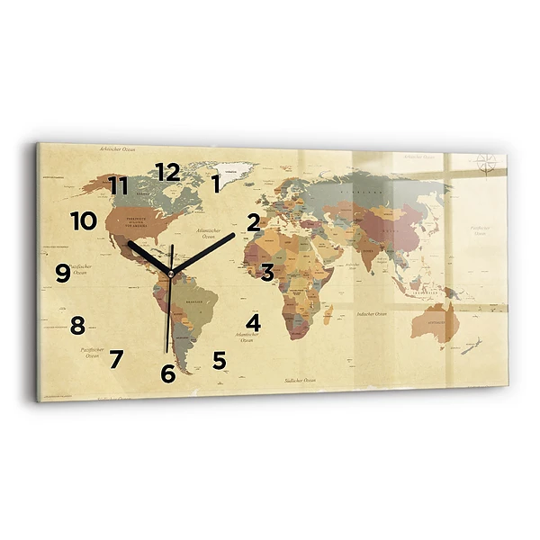Horloge murale horizontale Carte du monde style vintage