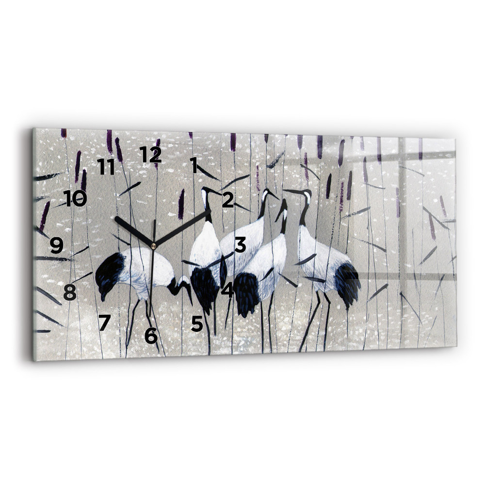 Horloge horizontale en verre Grues dans les roseaux