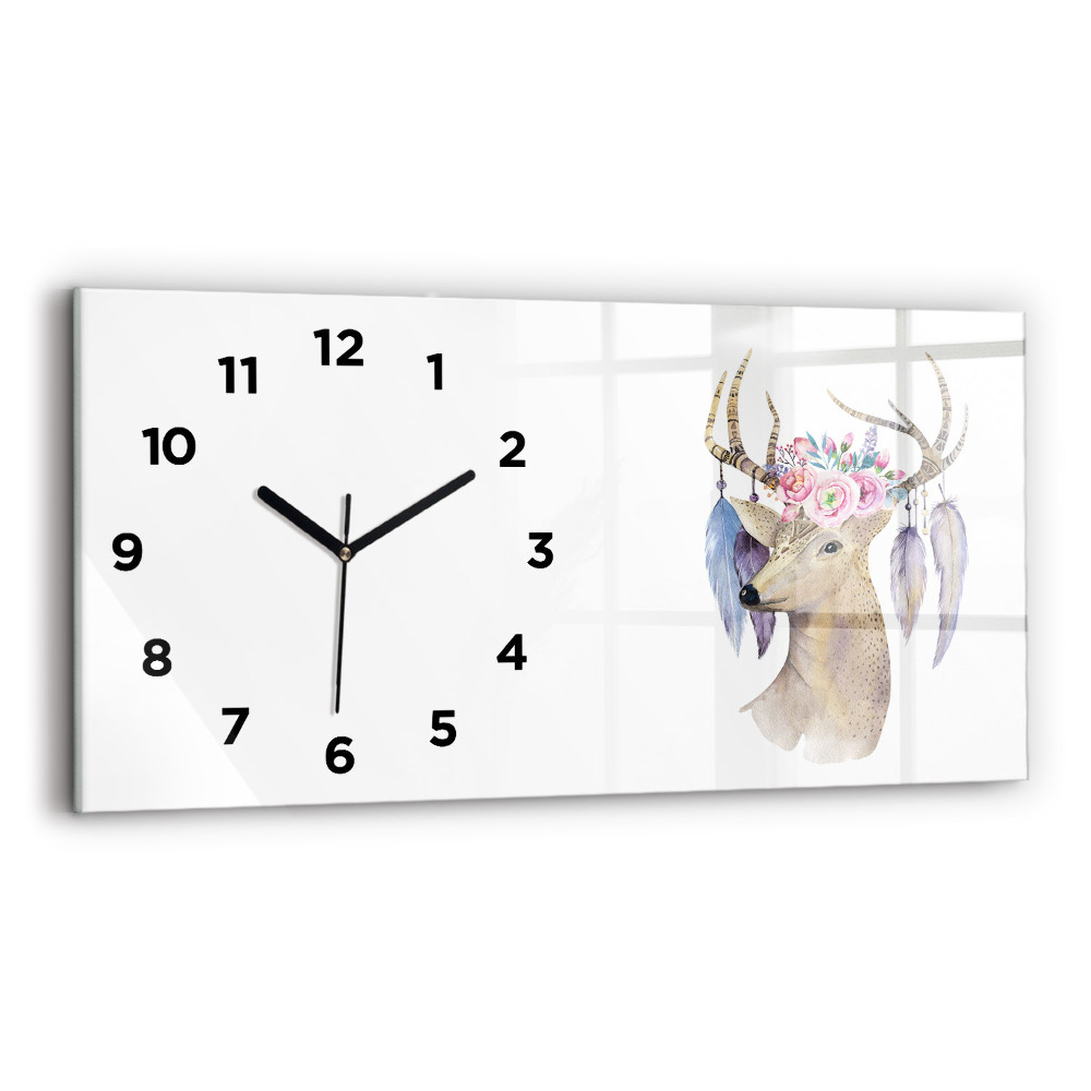Horloge horizontale en verre Tête de cerf et fleurs